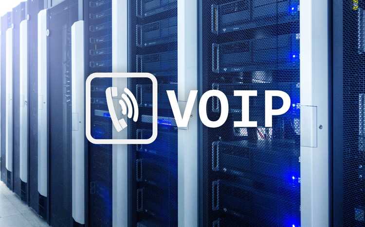 Server cabinets with VOIP logo overlay